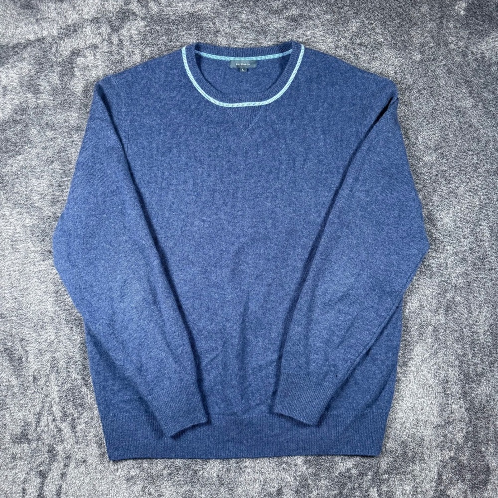 Turtleson Mens Cashmere Crewneck Sweater Blue Contrast Trim Size Large L